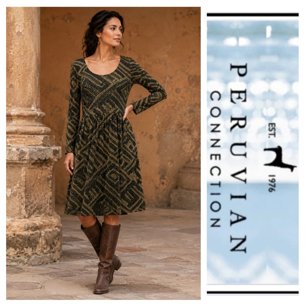 Peruvian Connection Brown Black Abstract Long Sleeve 100% Pima Cotton Dress XS